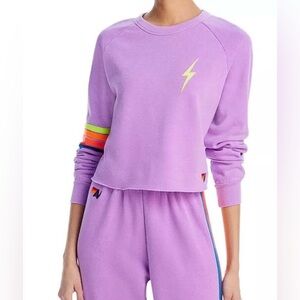 NWT Aviator Nation Lavender Rugby Stitch Cropped Crew Sweatshirt XL